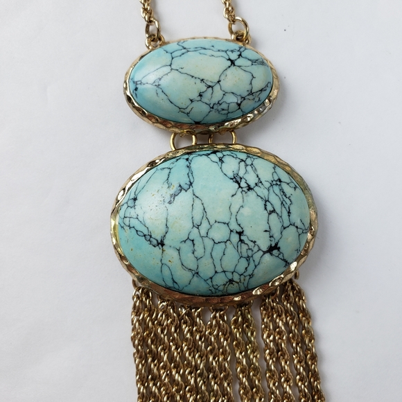 Faux Turquoise Pendant Rope Chain Fringe Long Statement Necklace Boho Vintage - Picture 3 of 9